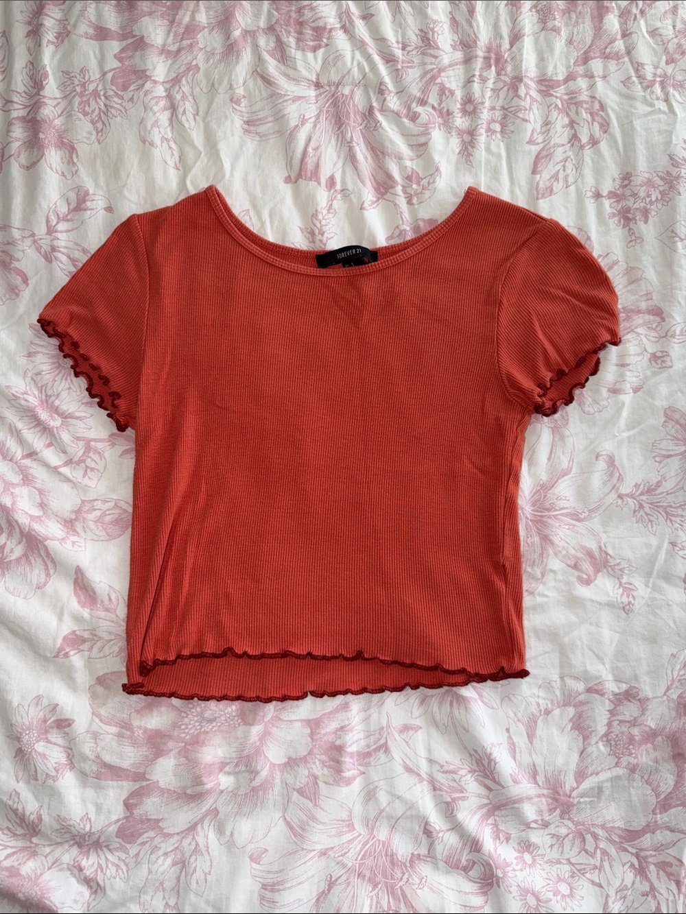 Forever 21 Rust Ribbed Lettuce-Edge Crop Top
